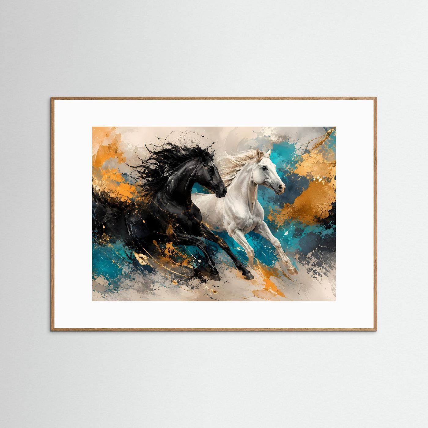 Dynamik in Perfektion | Abstraktes Pferde & Galopp Poster mit Gold- und Ozean-Akzenten