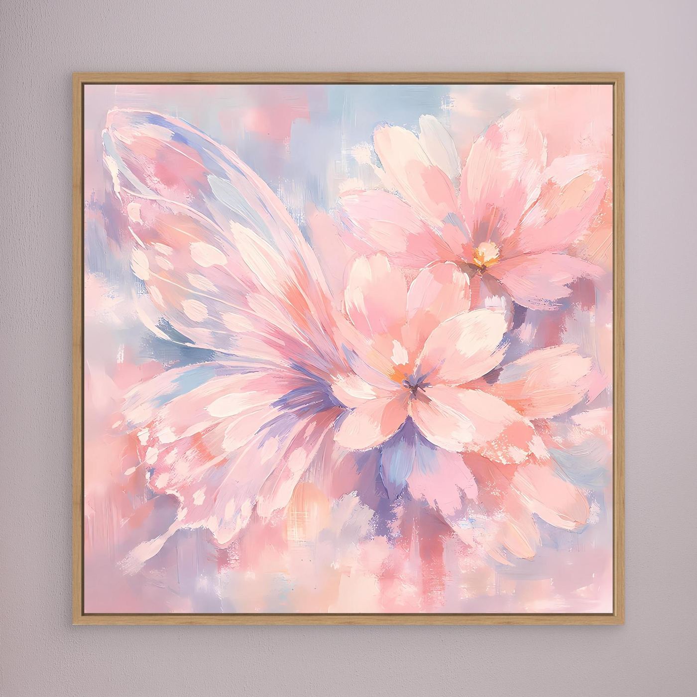 Gerahmte Leinwand (braun): pastellfarbene Schmetterlingsblüte mit rosa und blauen Pinselstrichen.