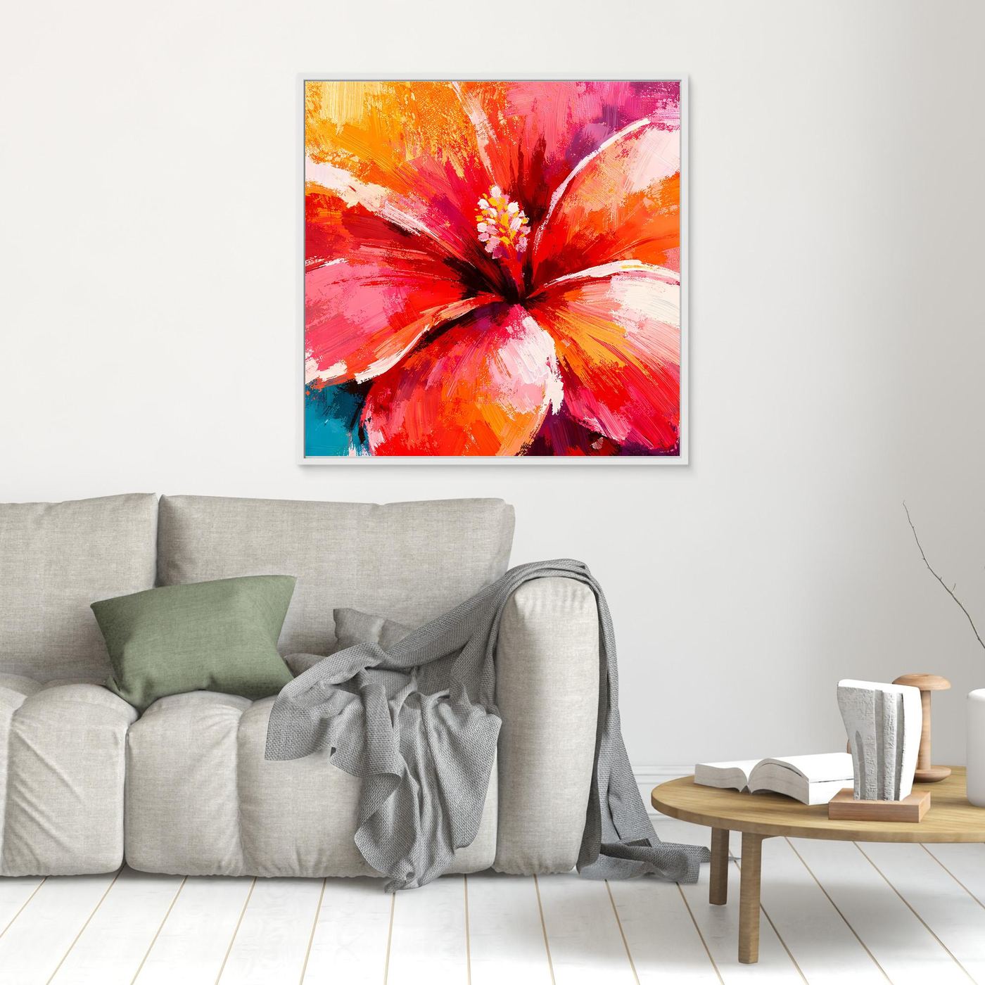 Leinwand Abstraktes Hibiskus Blütenbild | Modernes Tropen Wandbild Rot Pink