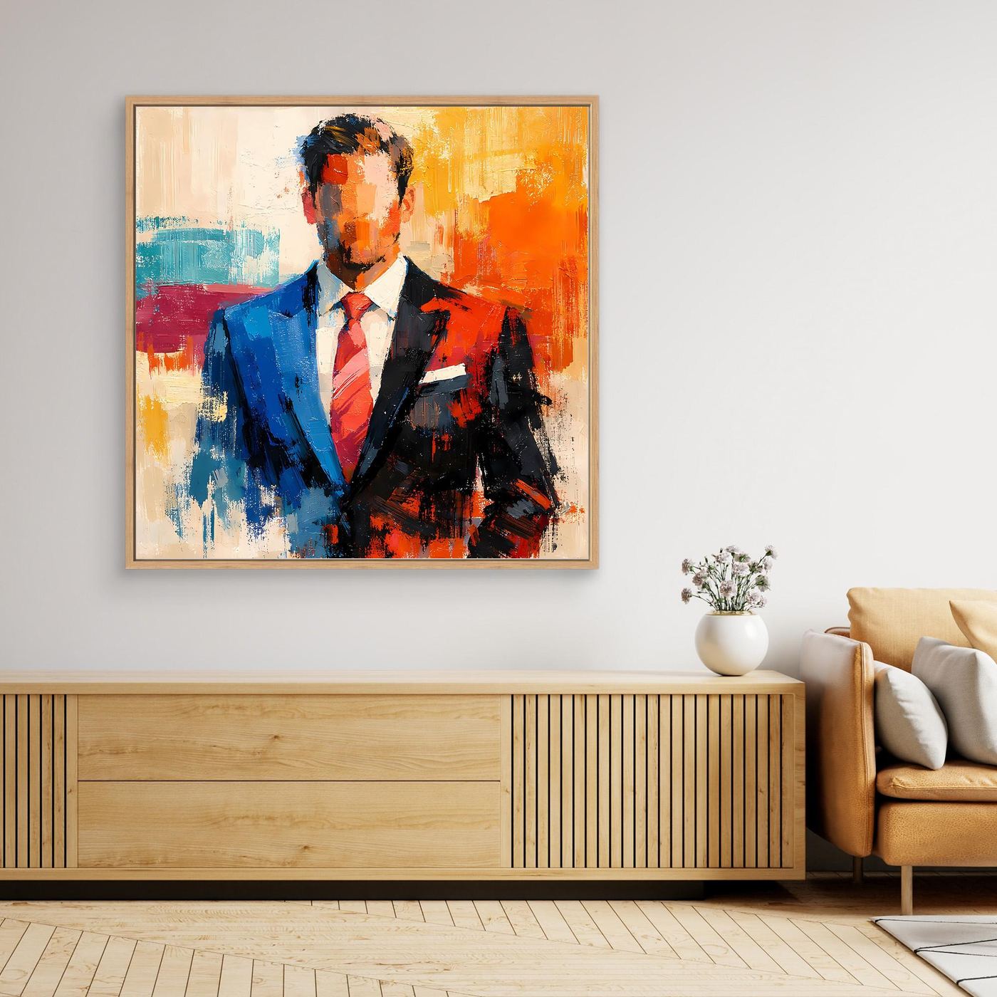 Abstract business portrait wall art in a gold frame; blue suit with orange highlights.