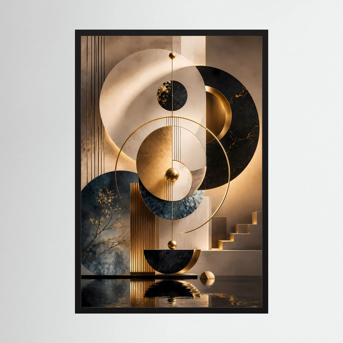 Gerahmtes Poster mit abstrakten Kreisen in Gold, Schwarz, Beige & Petrol, Hochformat.