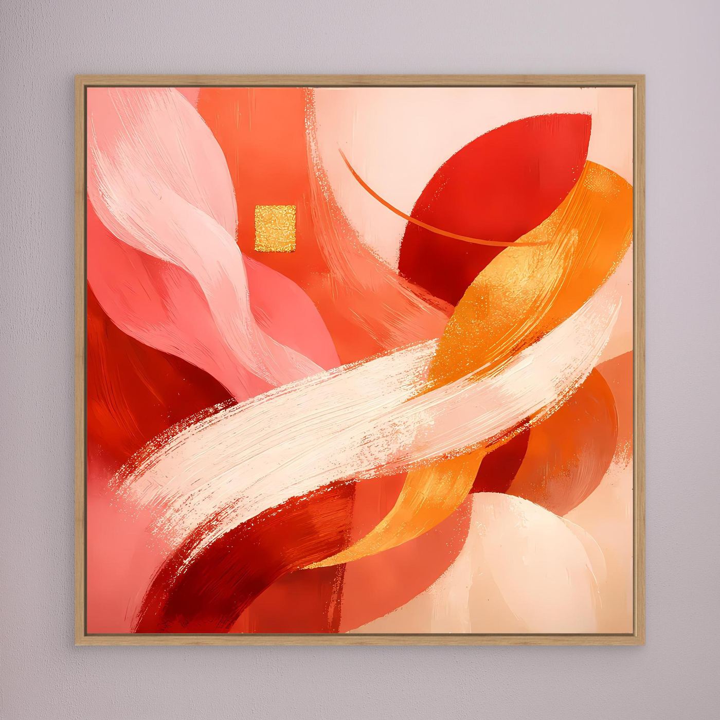 Gerahmtes abstraktes Leinwandbild Rot-Orange-Gold mit weißen Strichbögen, Holzrahmen