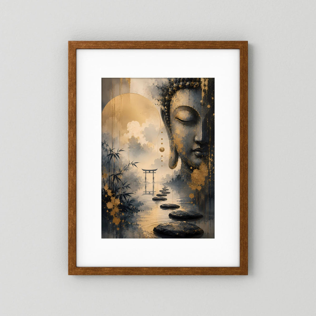 Poster im Hochformat mit Buddha-Gesicht in Gold und Schwarz, brauner Holzrahmen