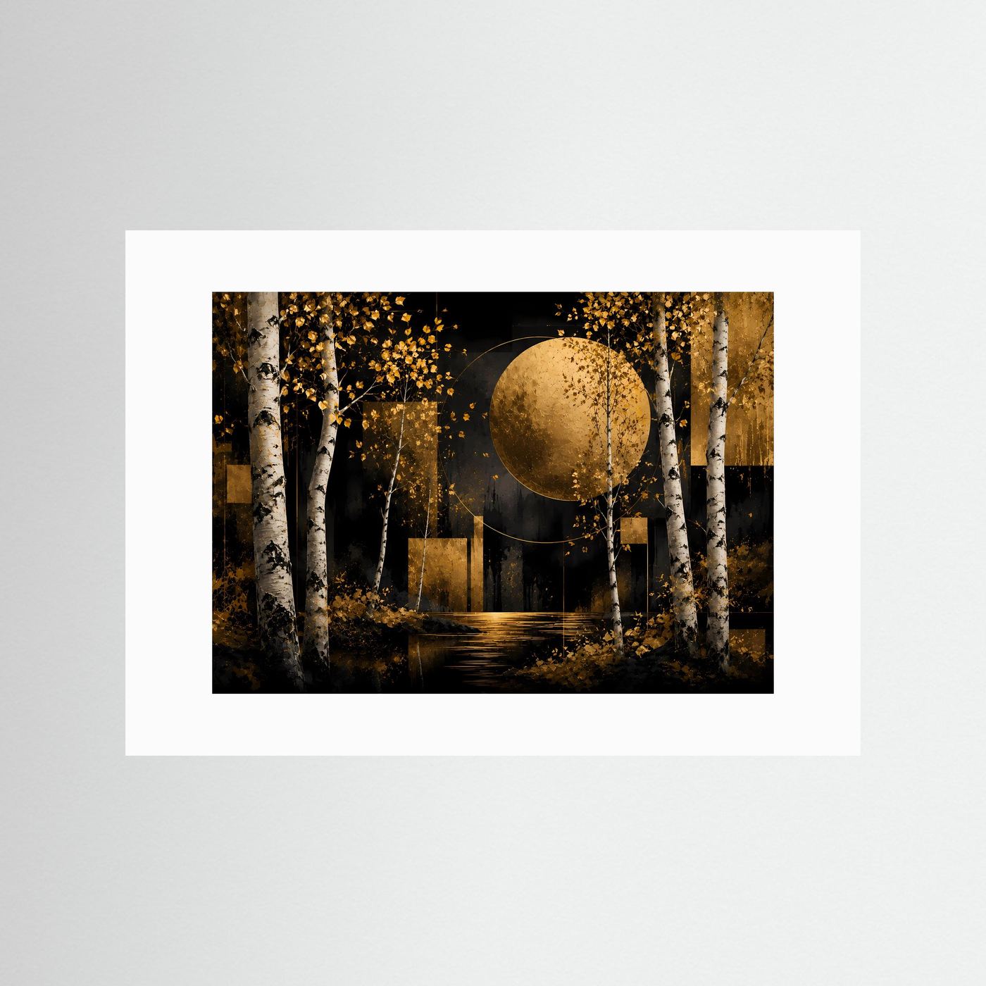 Poster im Querformat mit Birkenwald und goldenem Mond, schwarz-gold, in weißem Passepartout