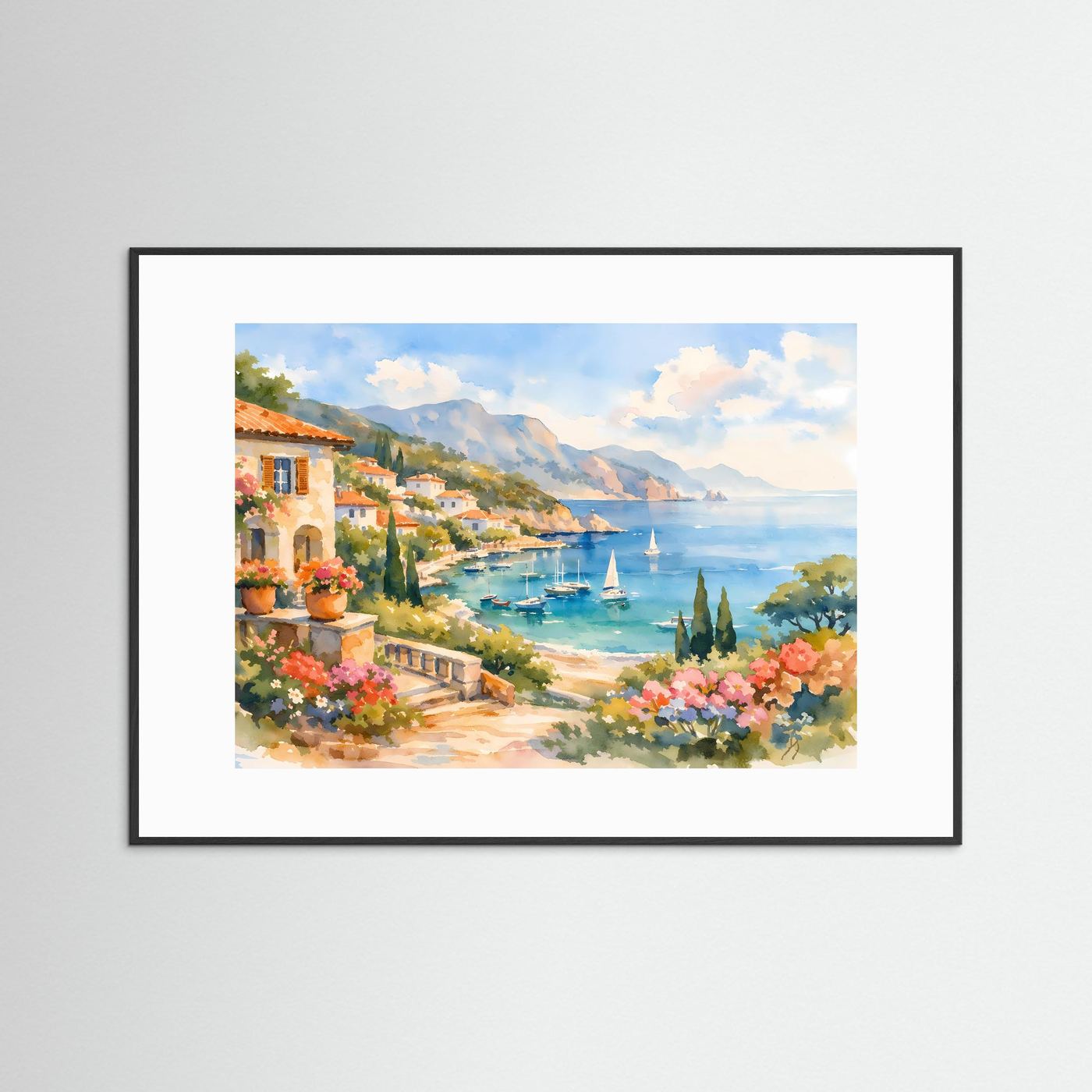 Mittelmeer Küstendorf im Aquarell-Stil | Mediterranes Panorama Poster Querformat