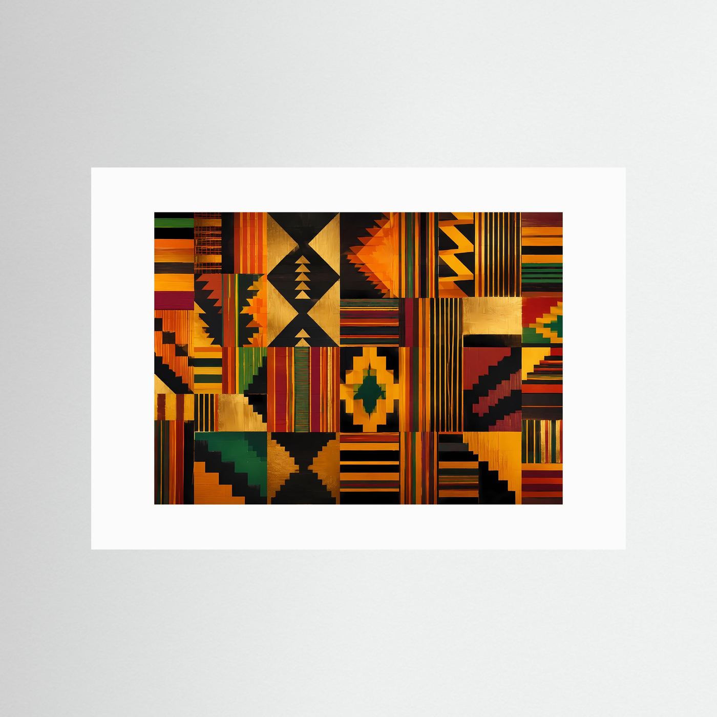 Geometrisches Kente-Muster in Gold & Farben | Modernes Wandbild mit Ethno-Art & Mustern