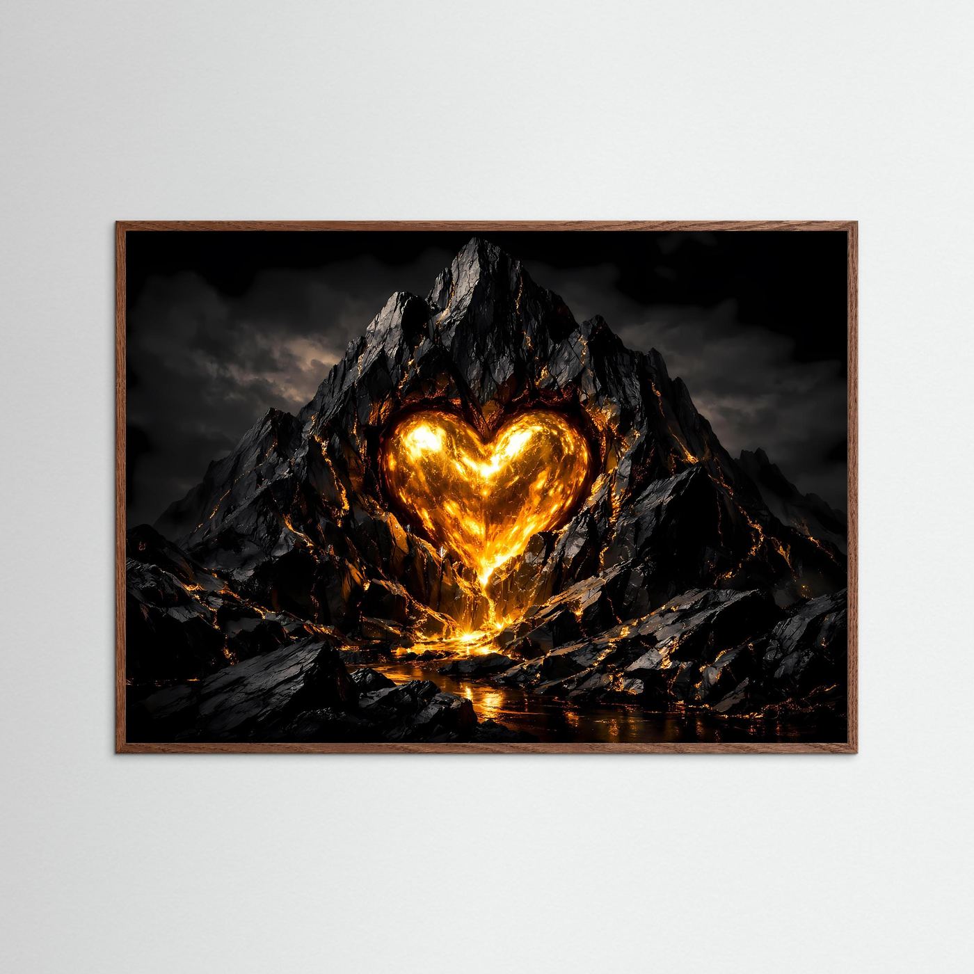Glühendes Vulkanherz im Fels massiv | Feurige Magma Kunst & Herz Wandbild Querformat