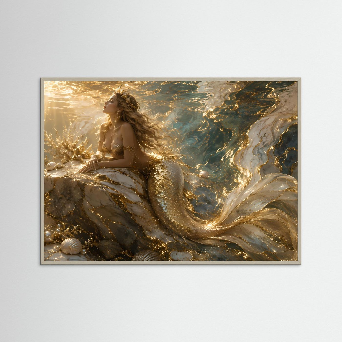 Meerjungfrau Wandbild | Goldene Unterwasser Kunst | Luxus Poster | Fantasy Leinwand | Ozean Wall Art | Elegante Meerjungfrau Dekoration
