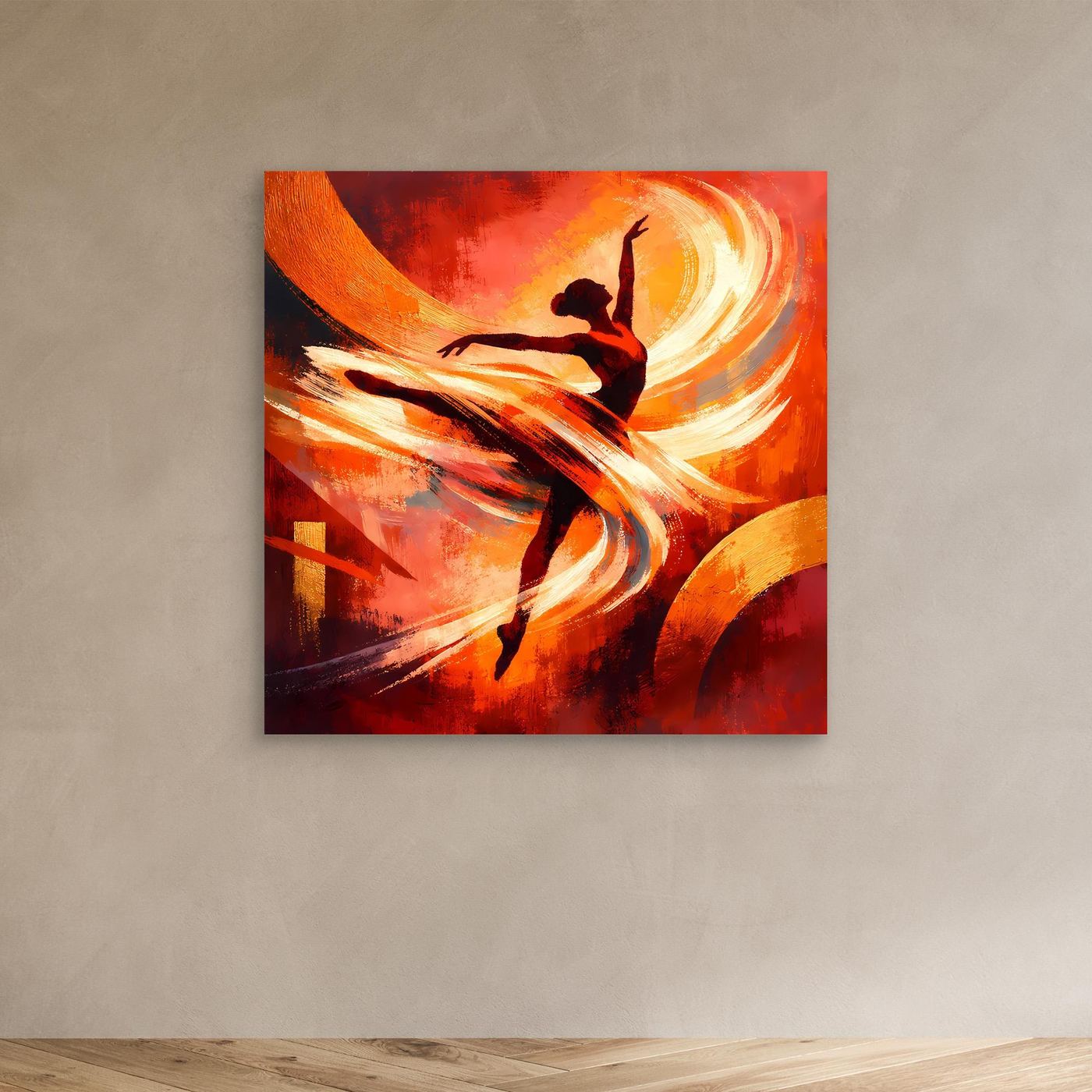 Abstraktes Leinwandbild einer Ballerina-Silhouette, orange und rote Pinselwirbel