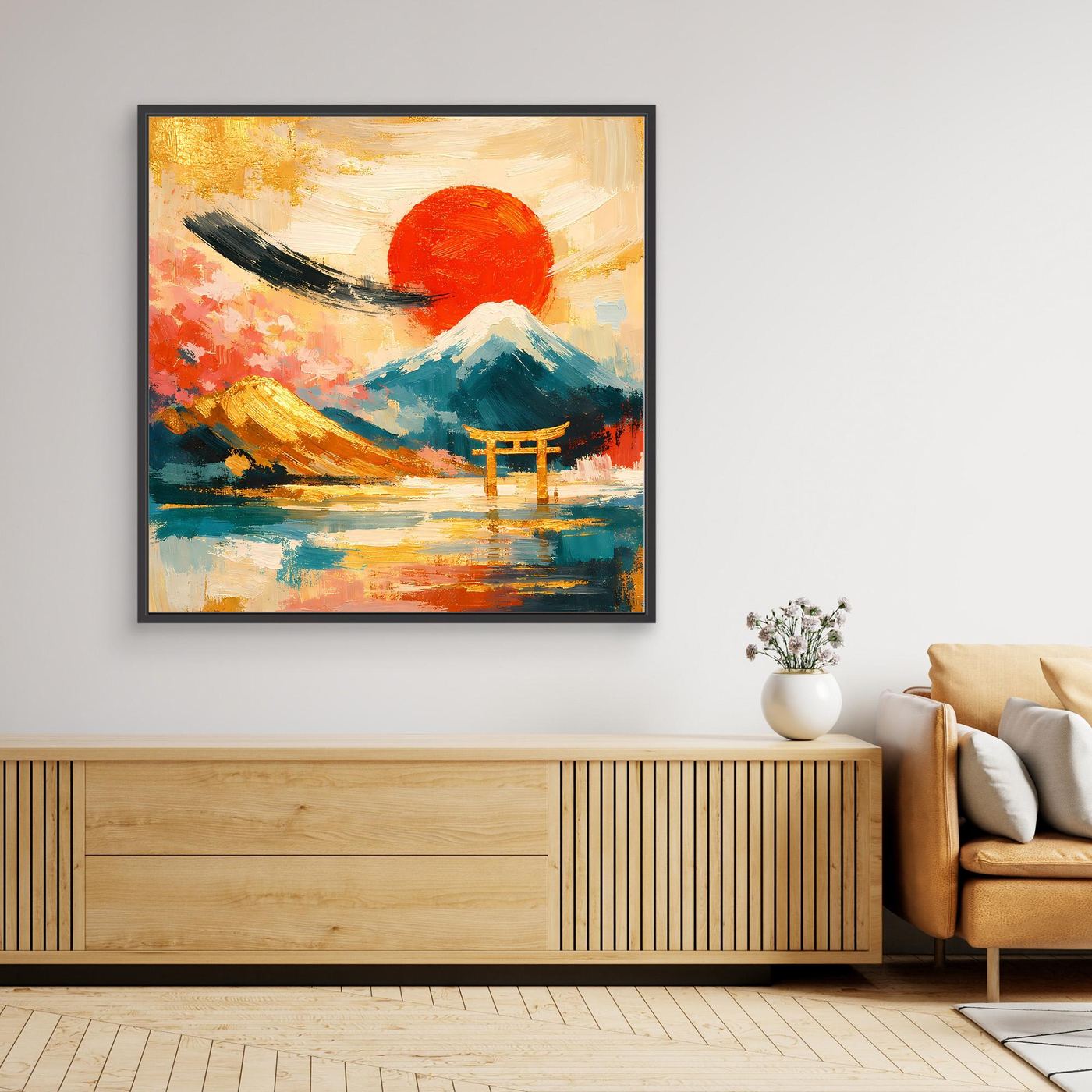 Leinwandbild: Torii-Tor am Fuji mit roter Sonne, buntes Landschaftsgemälde, schwarz gerahmt