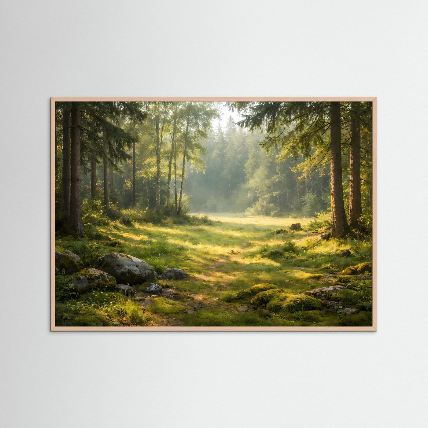 Sonnenlicht Wald Poster Querformat | Waldlichtung Natur Wandbild | Ruhige Landschaft Moderne Waldkunst