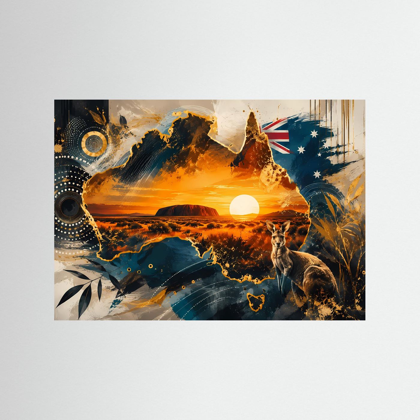 Querformatiger Artprint mit Sonnenuntergang, Känguru und Karte-Ausschnitt Australiens