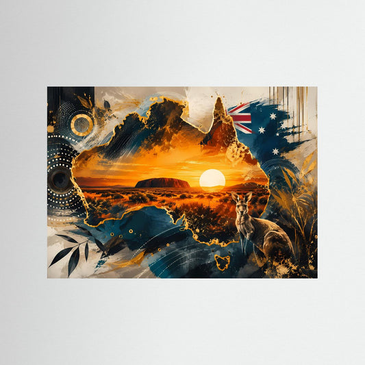 Querformatiger Artprint mit Sonnenuntergang, Känguru und Karte-Ausschnitt Australiens