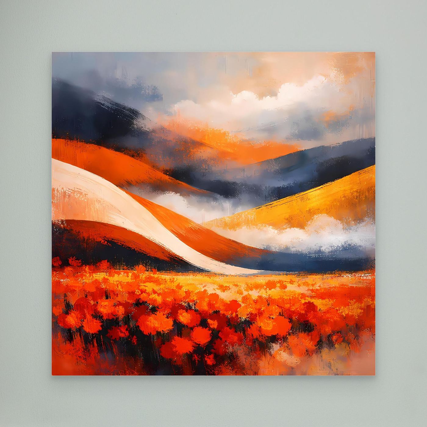 Abstraktes Leinwandbild mit rotem Mohnblumenfeld, orangefarbenen Hügeln und blau-grauem Wolkenhimmel.