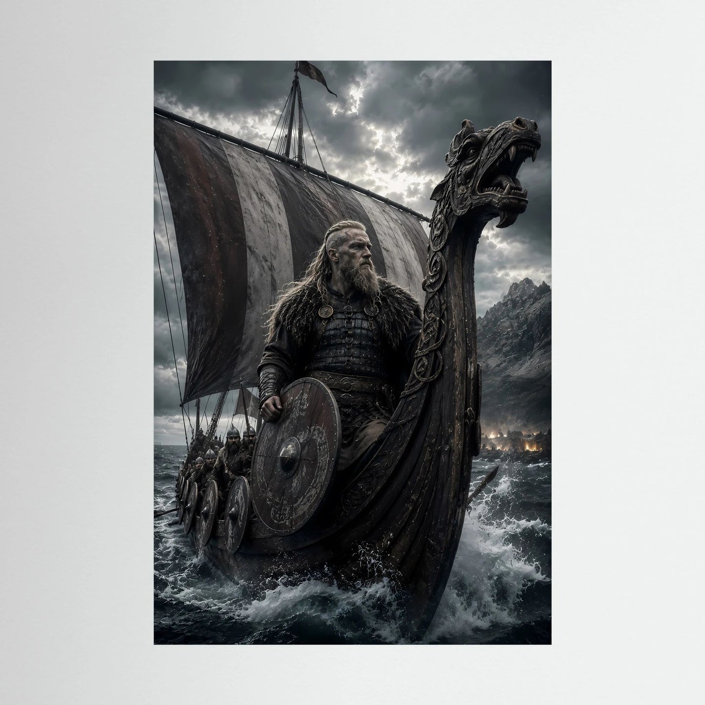Poster mit Wikingerkrieger auf Drachenschiff, Schild und Segel, dunkle Sturmwolken