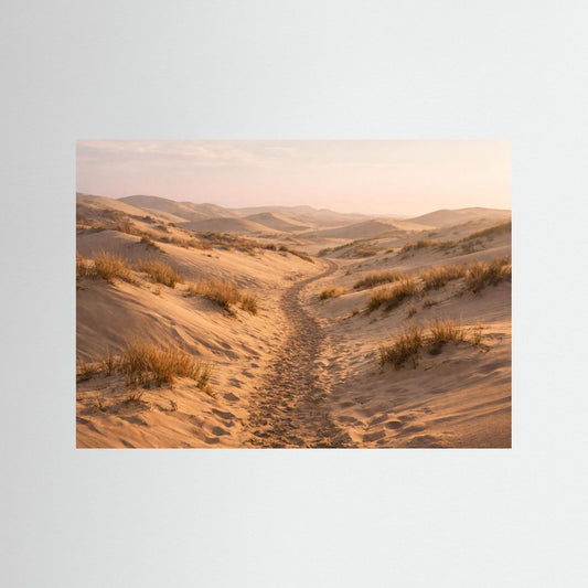 Naturposter im Querformat mit Pfad durch Sanddünen und Dünenlandschaft bis zum Horizont