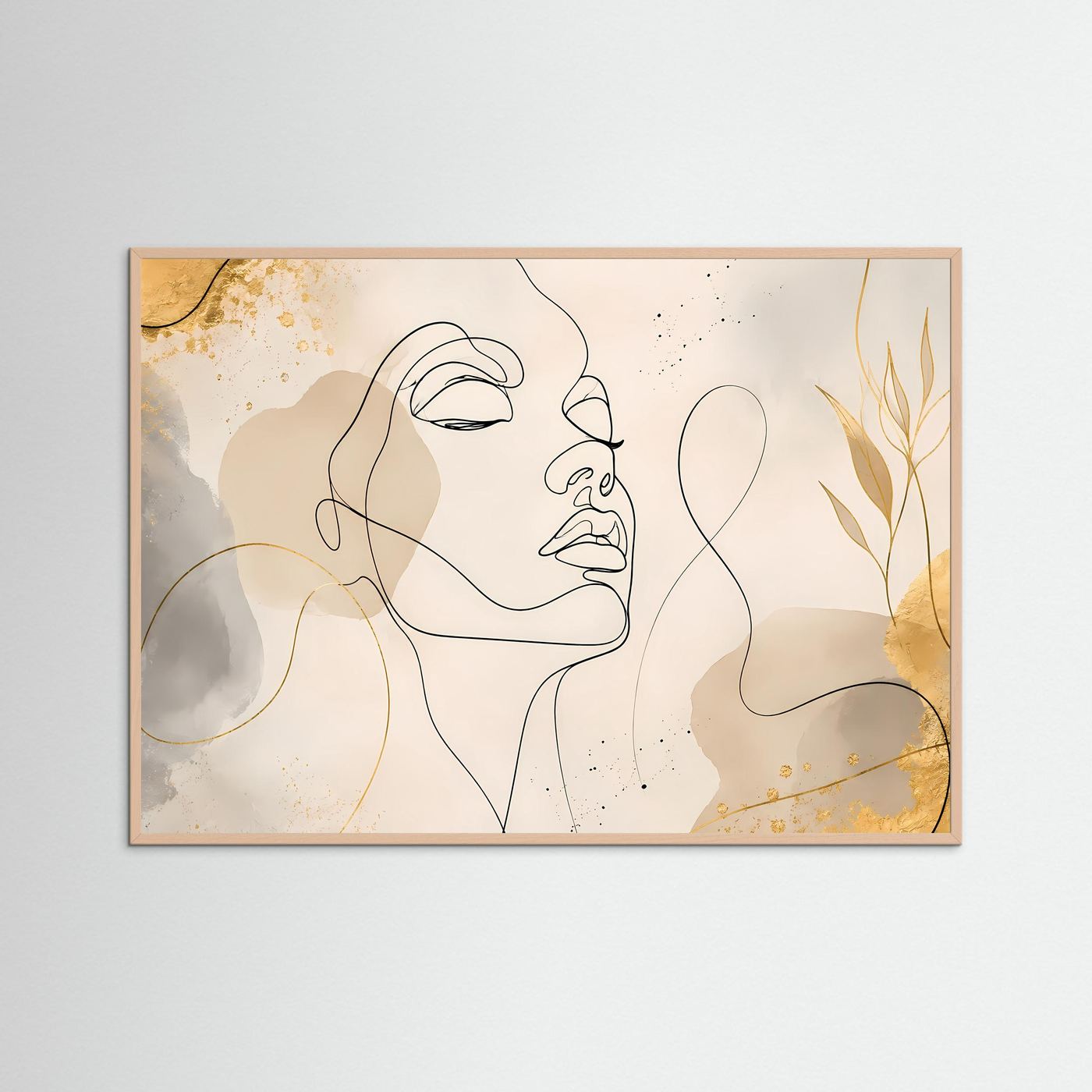 Minimalistisches One Line Face Poster Beige Gold | Moderne Line Art Wandkunst Gesicht Querformat