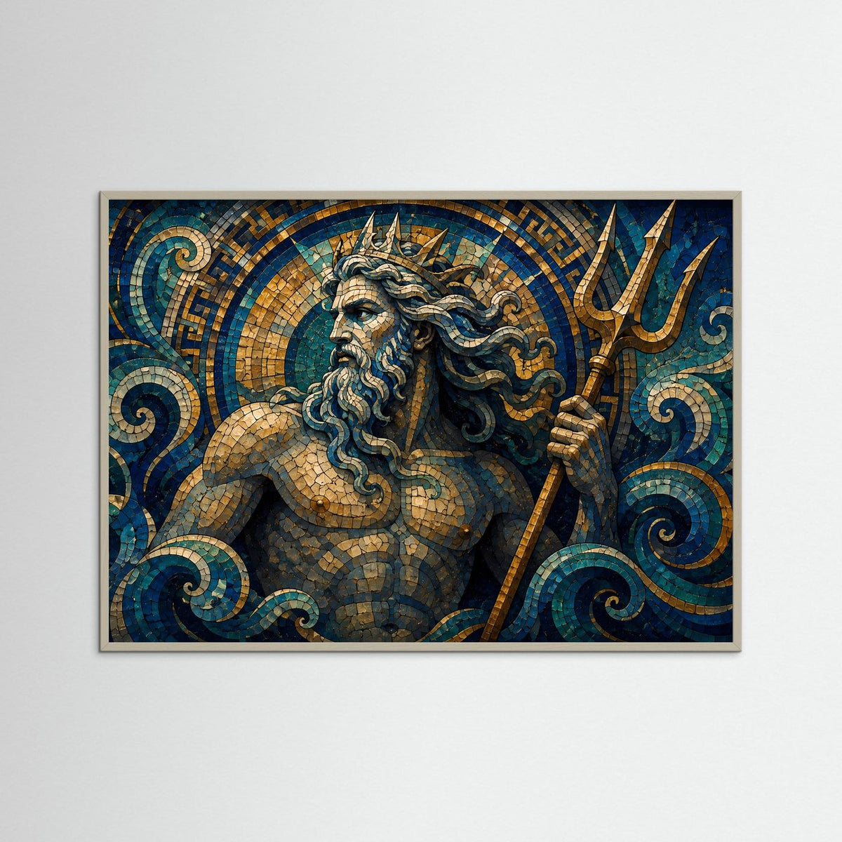 Querformat-Poster mit Poseidon-Mosaik und Dreizack, grau gerahmt