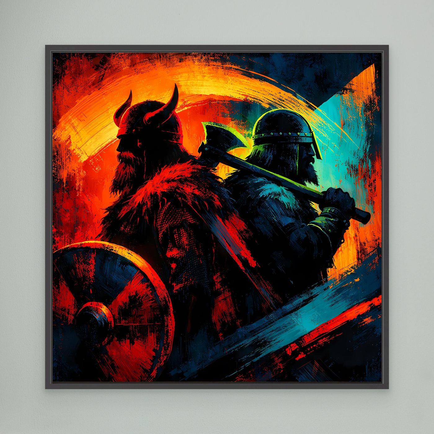 Gerahmtes Leinwandbild: Wikingerkrieger mit Helm und Axt, schwarzer Rahmen, Rot-Blau-Grafik