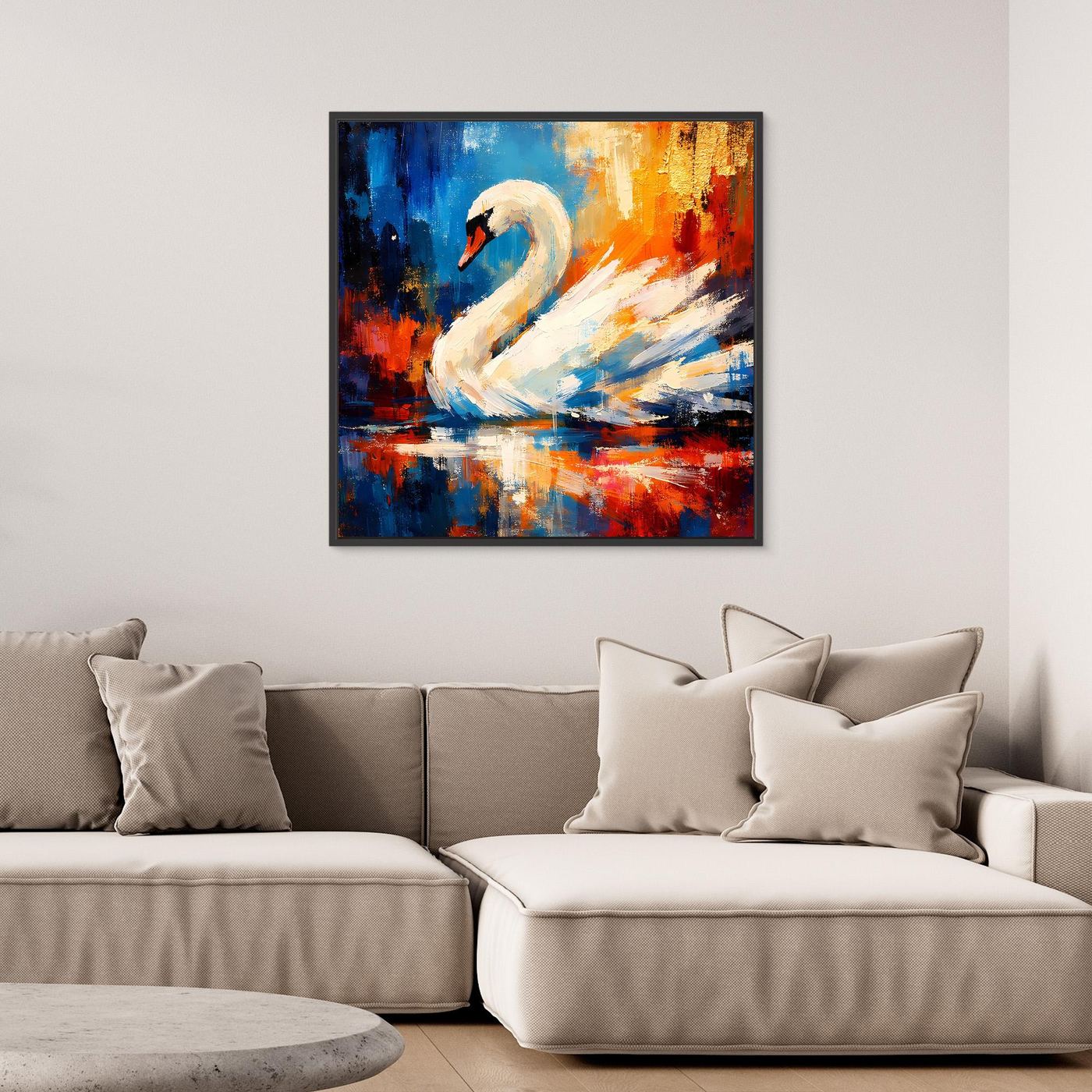 Leinwandbild mit Schwanfigur, abstrakter Hintergrund in Blau, Orange und Rot, mit Rahmen.