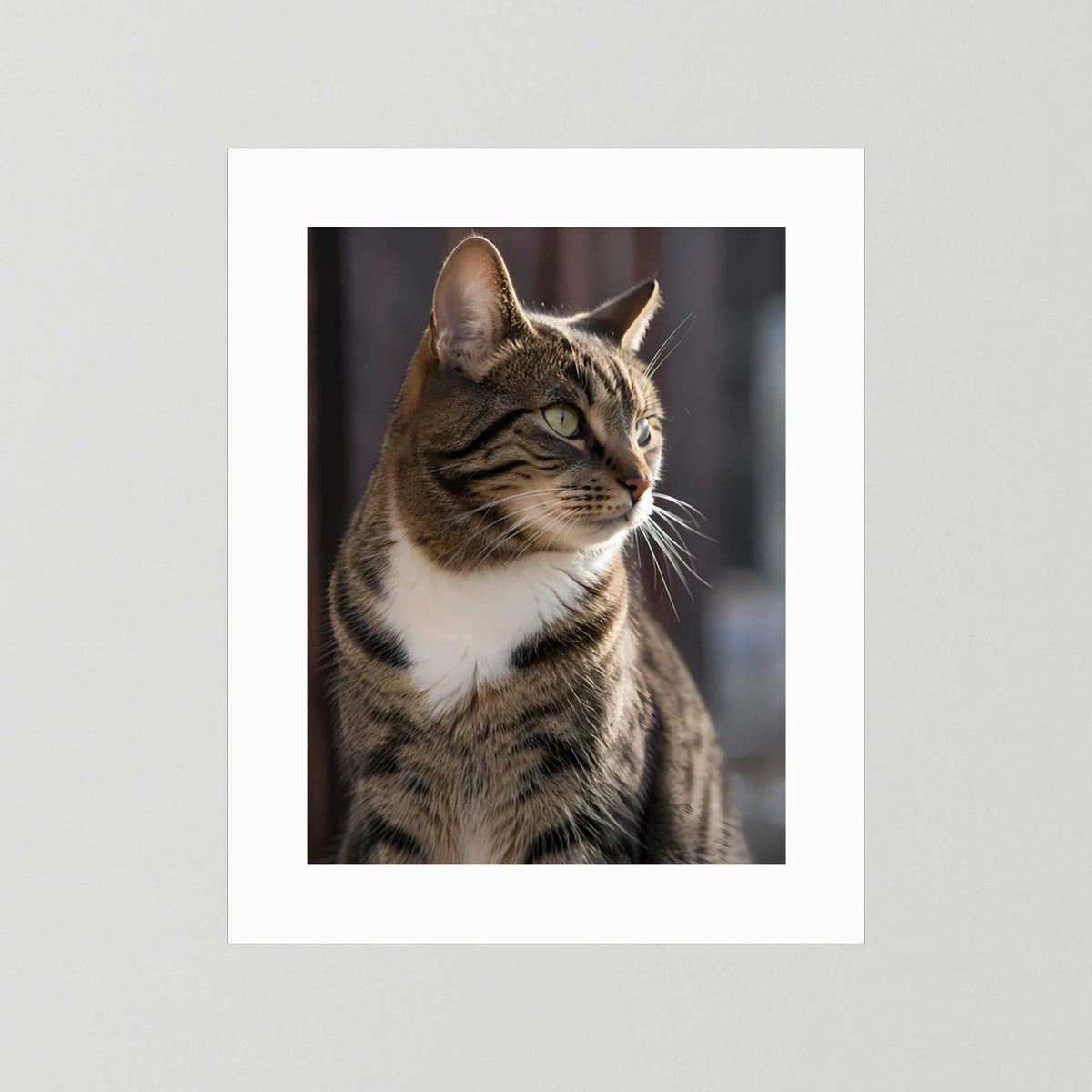 Poster mit getigerter Katze im Hochformat, weißer Rand ohne Rahmen