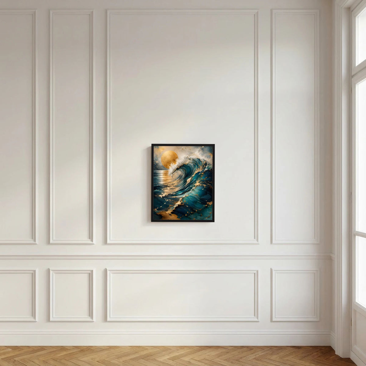 Kunstposter Hochformat mit abstrakter Meereswelle in Petrol und Türkis, im dunklen Rahmen