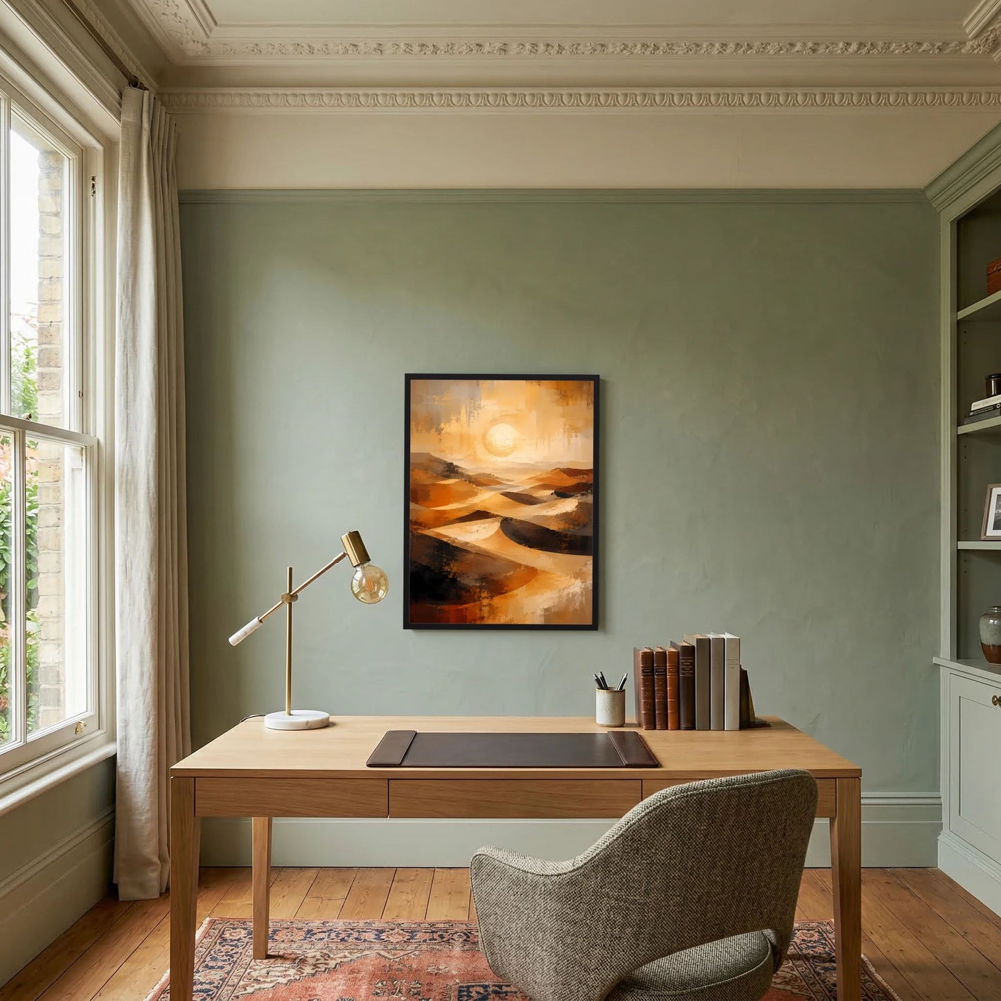 Wandposter im Hochformat mit abstrakten Dünen in Gold und Orange und leuchtender Kreissonne
