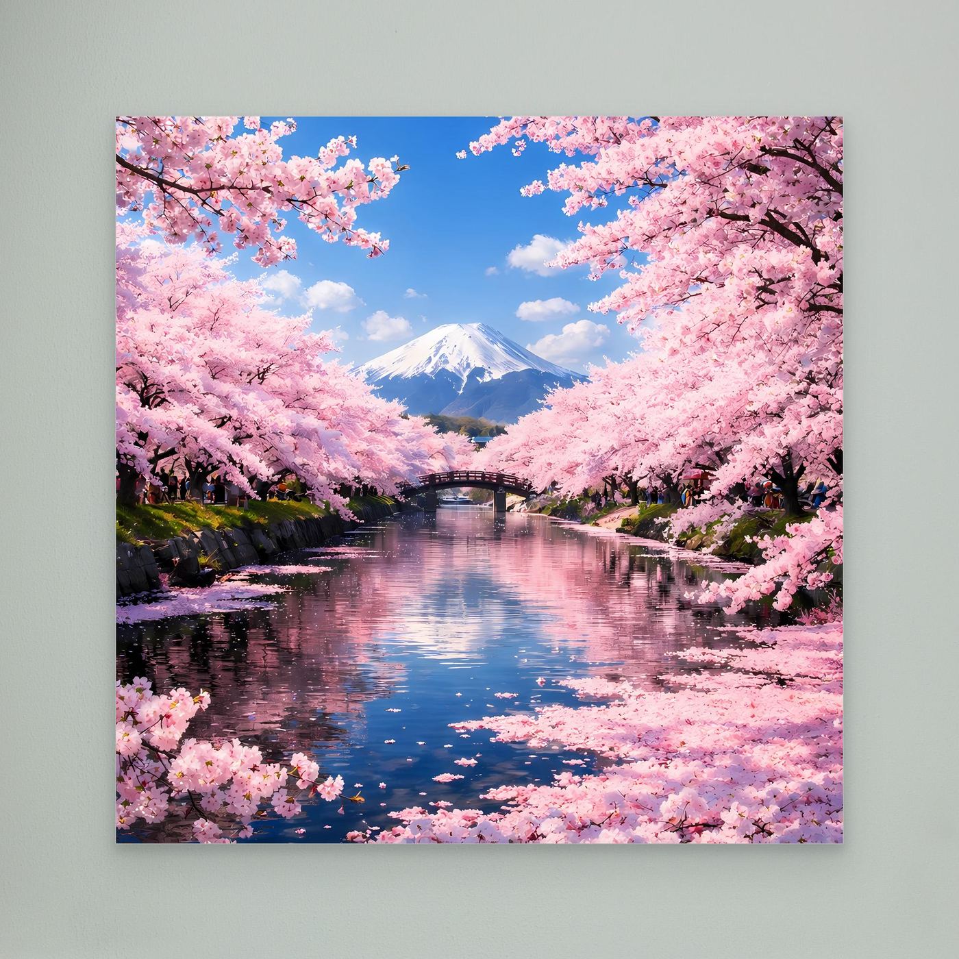 Leinwandbild mit Kirschblüten, Fluss und Fuji-Motiv in Rosa-Blau-Tönen
