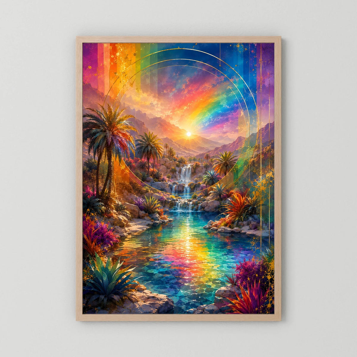 Hochformat-Poster mit Regenbogen, Palmen und Wasserfall, Holzrahmen