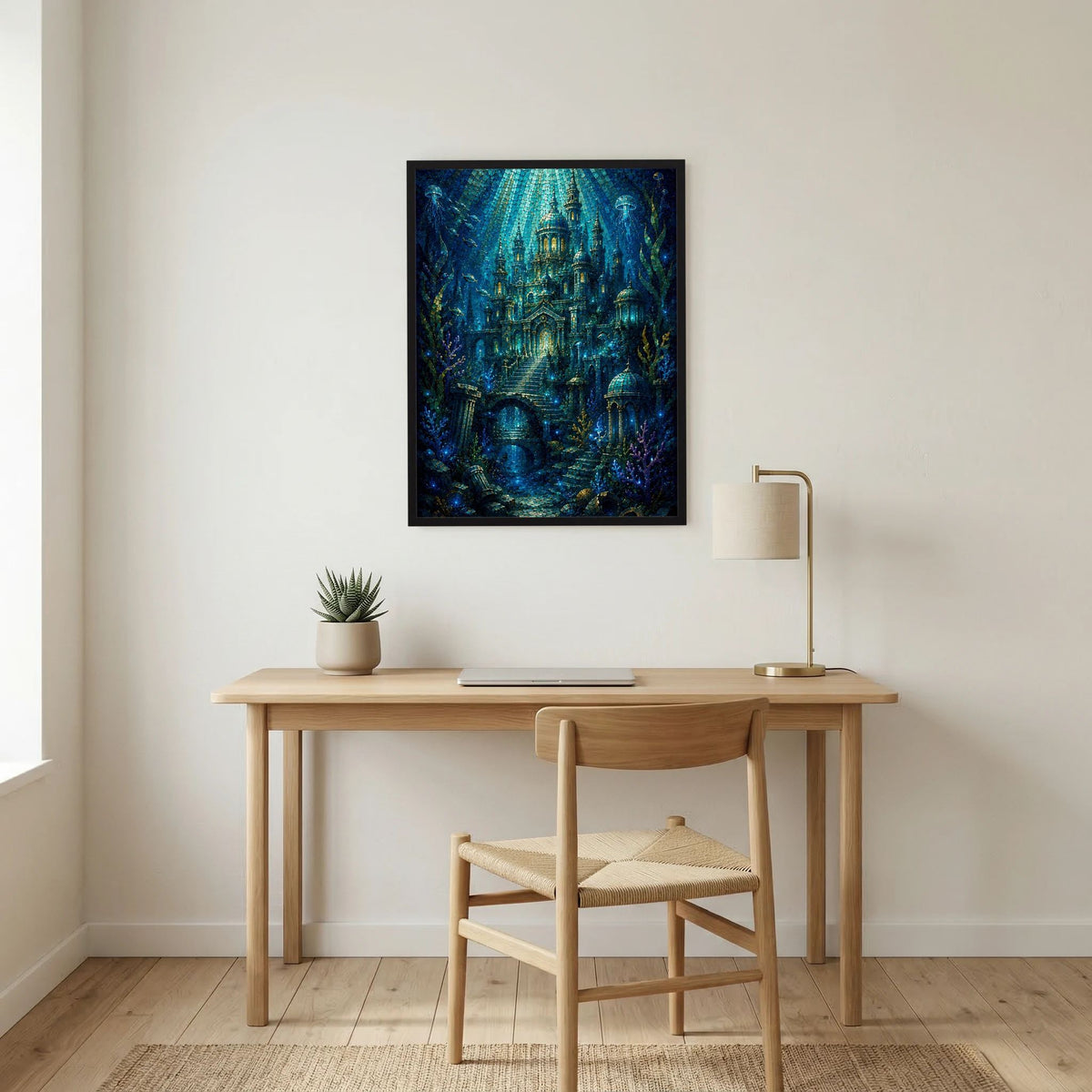 Wandposter im Hochformat mit schwarzem Rahmen, mystische Unterwasserstadt in Blau und Gold