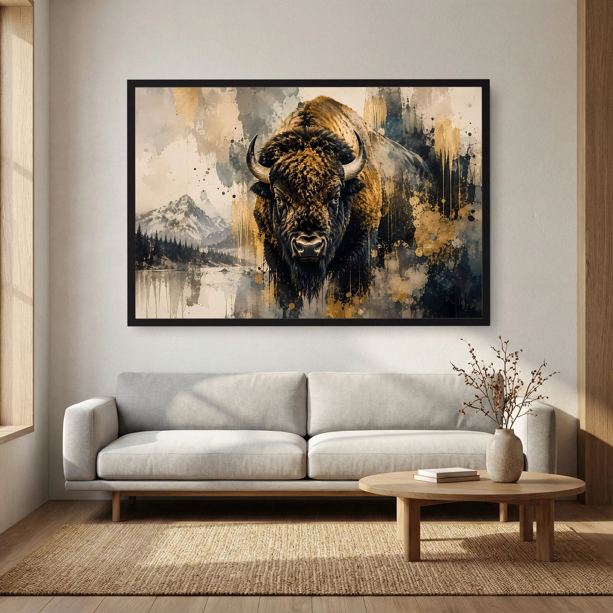 Abstraktes Bison-Poster in Schwarz-Gold im schwarzen Rahmen