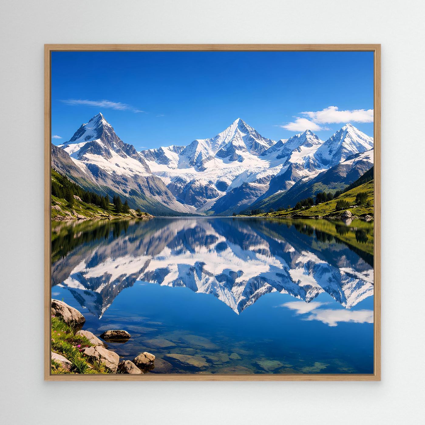 Leinwandbild mit Bergsee und Alpen, Spiegelung im Wasser, Eichenrahmen