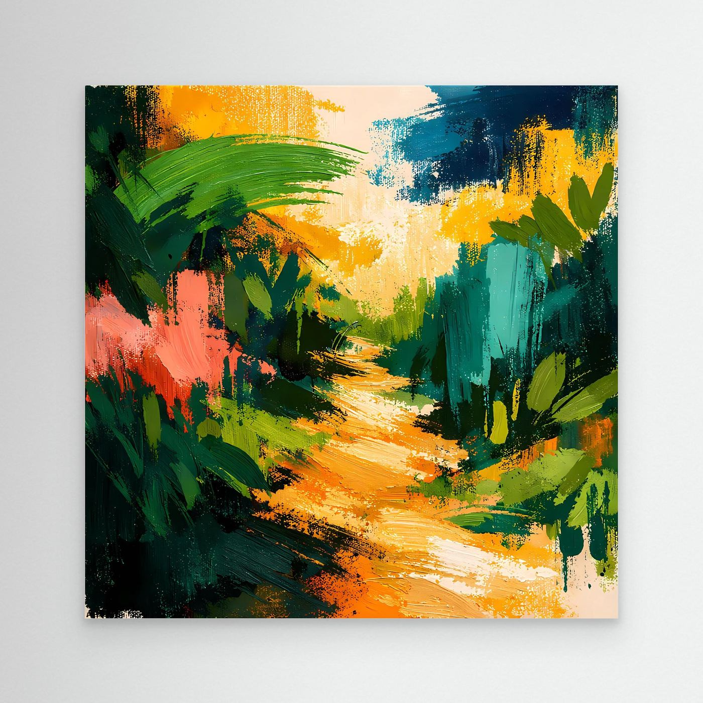Abstract forest path canvas wall art with no visible frame, vivid green and orange