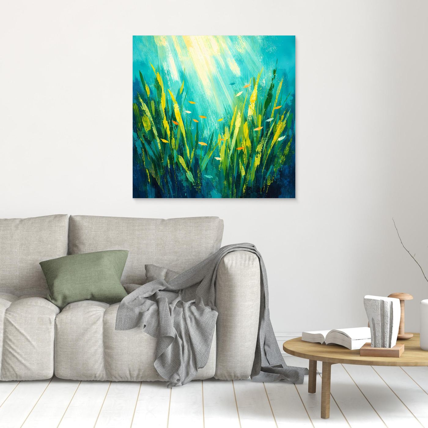 Leinwand Lichtdurchfluteter Algenwald unter Wasser | Abstraktes Ozean Wandbild