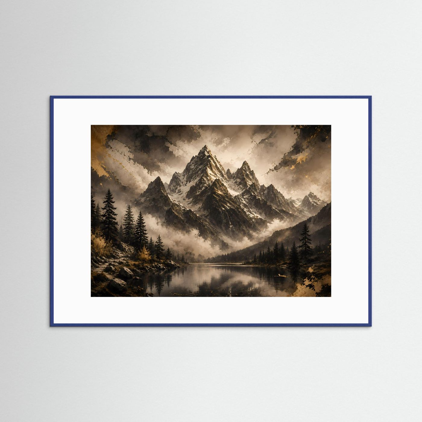Gerahmtes Querformat-Poster mit Berglandschaft und See im Nebel, blauer Rahmen.