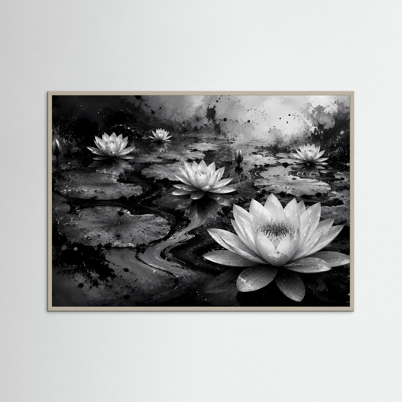 Weiße Seerosen auf schwarzem Wasser | Elegante Schwarz-Weiß Naturkunst – Moderner Lotus Teich