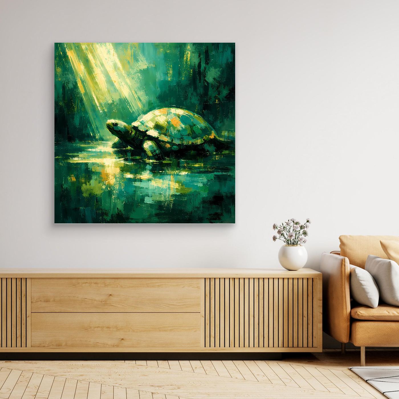 Leinwand Mystische Schildkröte im Lichtstrahl | Abstraktes Natur Wandbild Grün