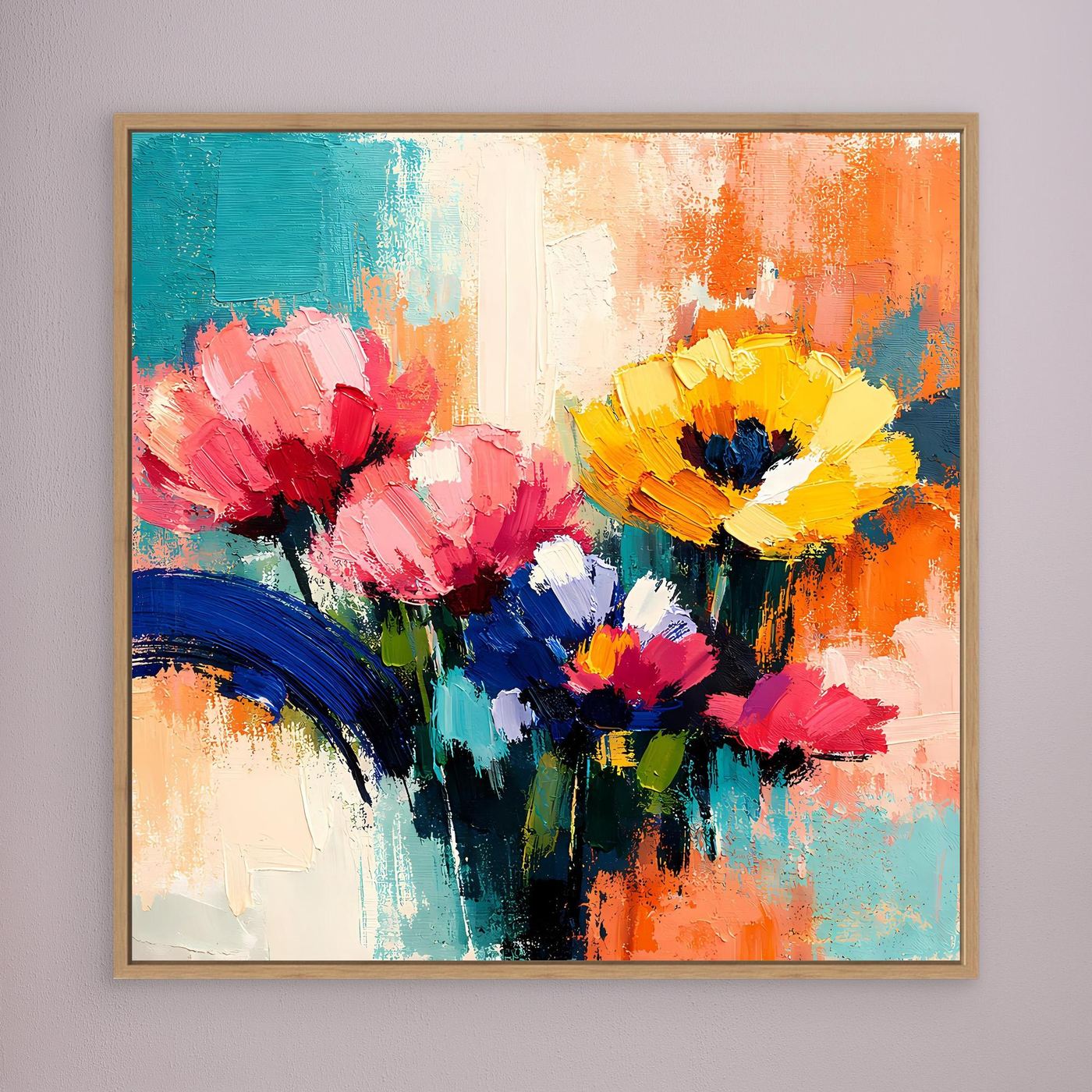 Leinwandbild mit abstrakten Sommerblumen in kräftigen Farben, Holzrahmen (Eiche)