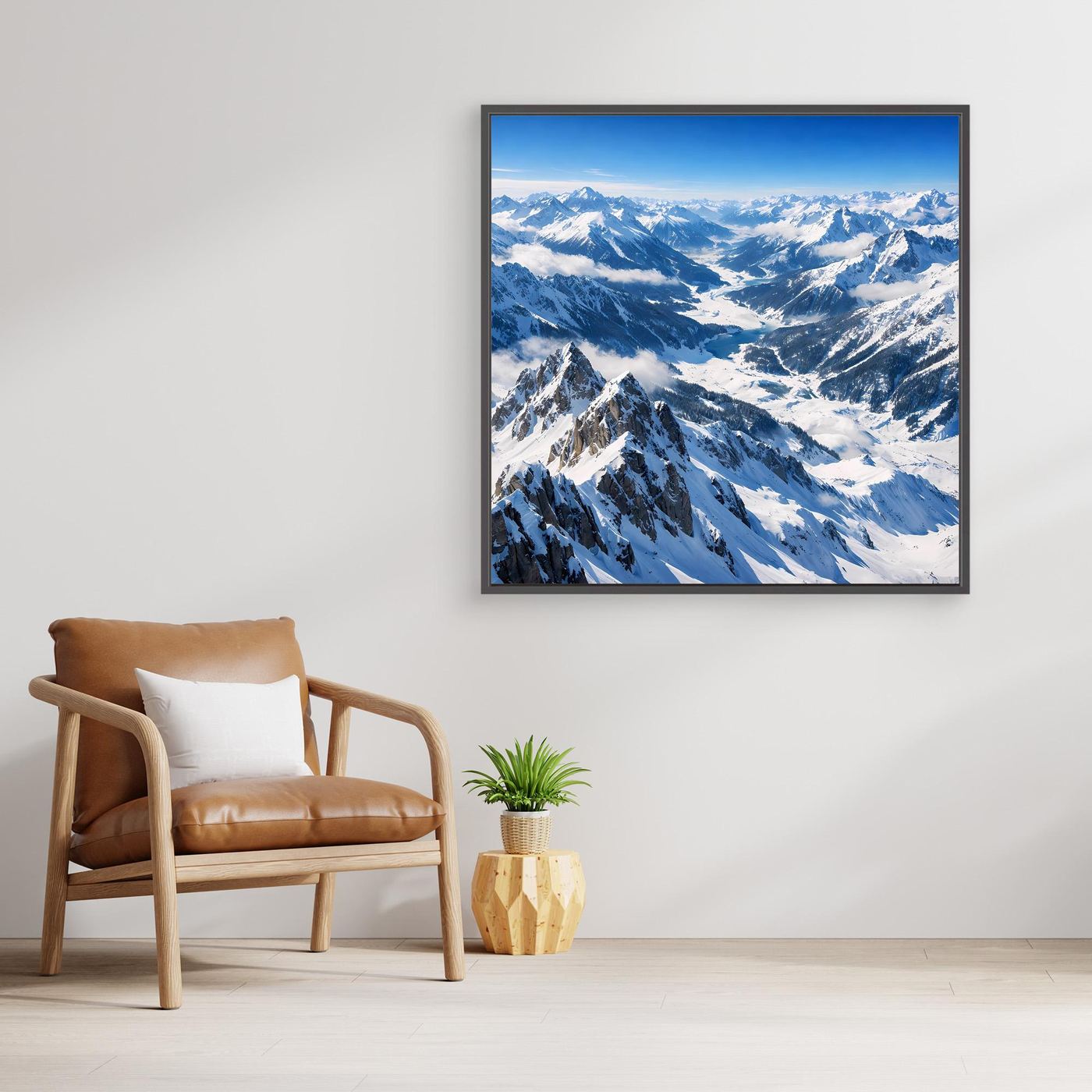 Leinwandbild Alpenpanorama mit schneebedeckten Bergen, mit dunklem Rahmen
