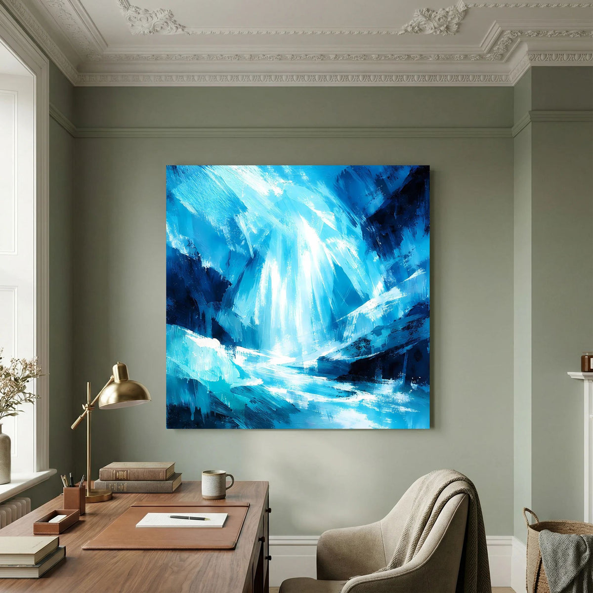 Blaues abstraktes Leinwand-Wandbild mit Eiswasserfall und hellen Lichtstrahlen