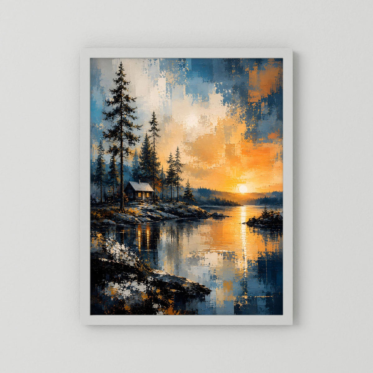 Naturposter mit abstrakter Waldlandschaft, Hütte am Wasser und Sonnenuntergang, weiß eingefasst