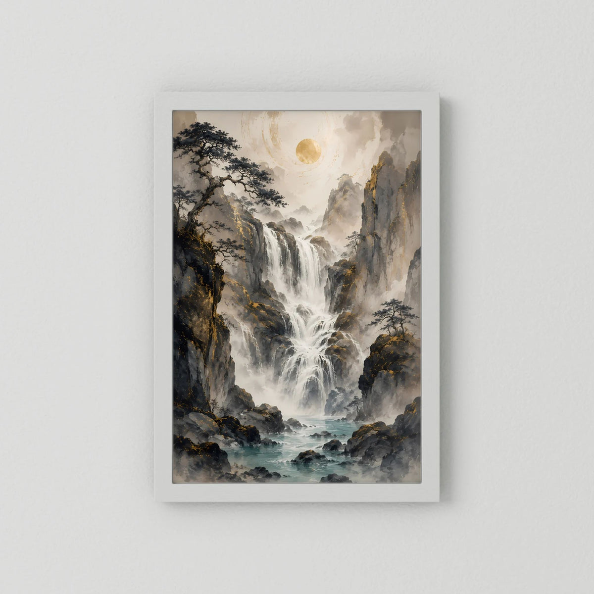 Poster im Hochformat mit Wasserfallmotiv, ohne Holzrahmen, auf weißem Träger