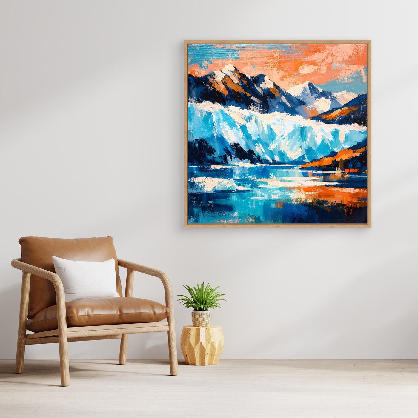 Hell gerahmtes Leinwand-Wandbild: Gletscher- und Bergmotiv mit türkisblauem Wasser und Orange.