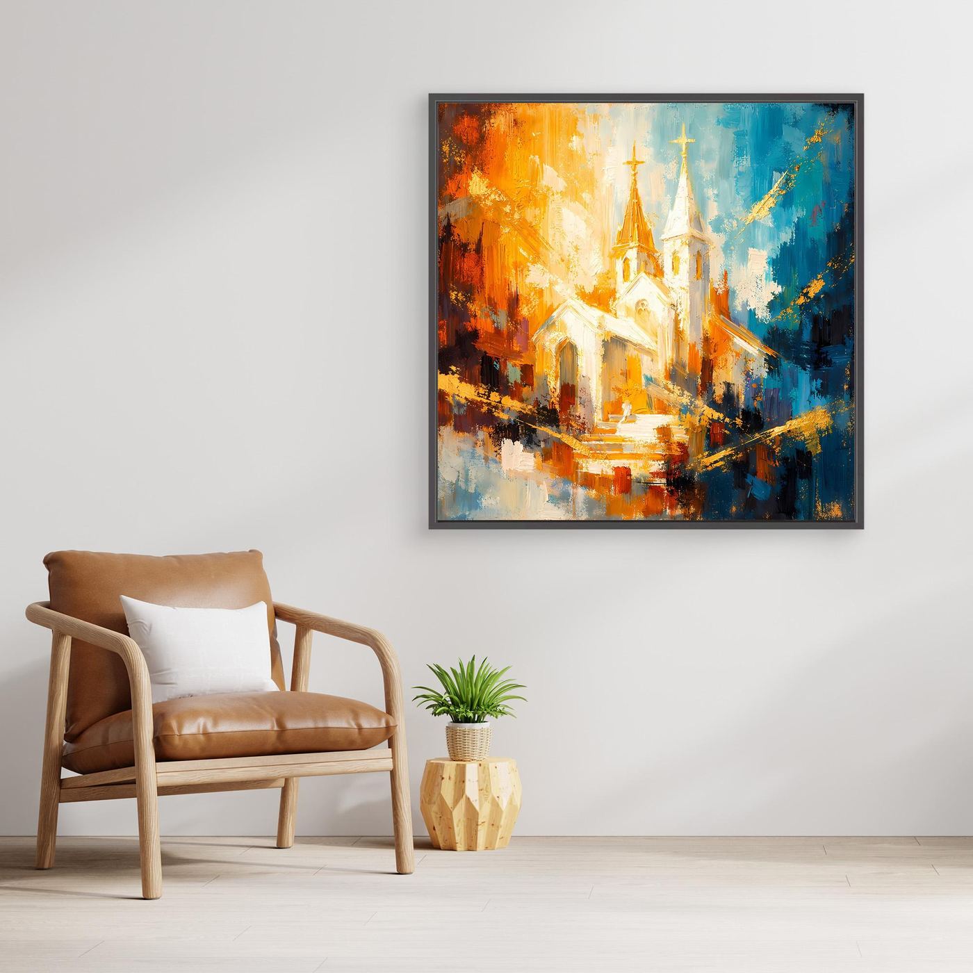 Leinwandbild mit dunklem Rahmen, abstrakte Architektur mit leuchtenden Orange- und Blauflächen