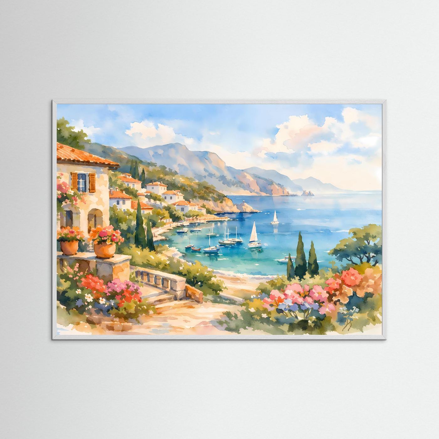 Mittelmeer Küstendorf im Aquarell-Stil | Mediterranes Panorama Poster Querformat