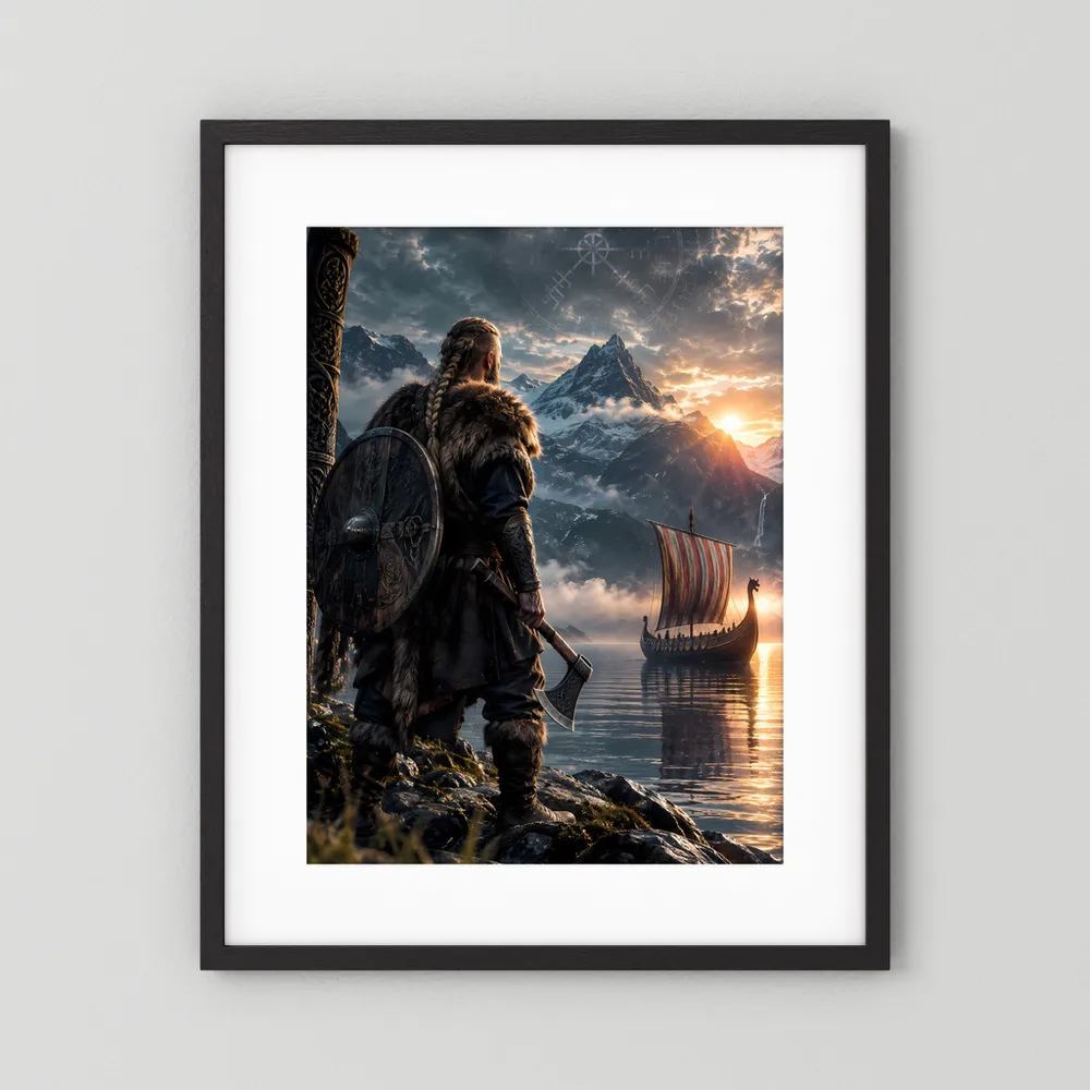 Fantasy-Poster Hochformat mit schwarzem Rahmen und weißem Rand: Wikingerkrieger, Schild, Schiff