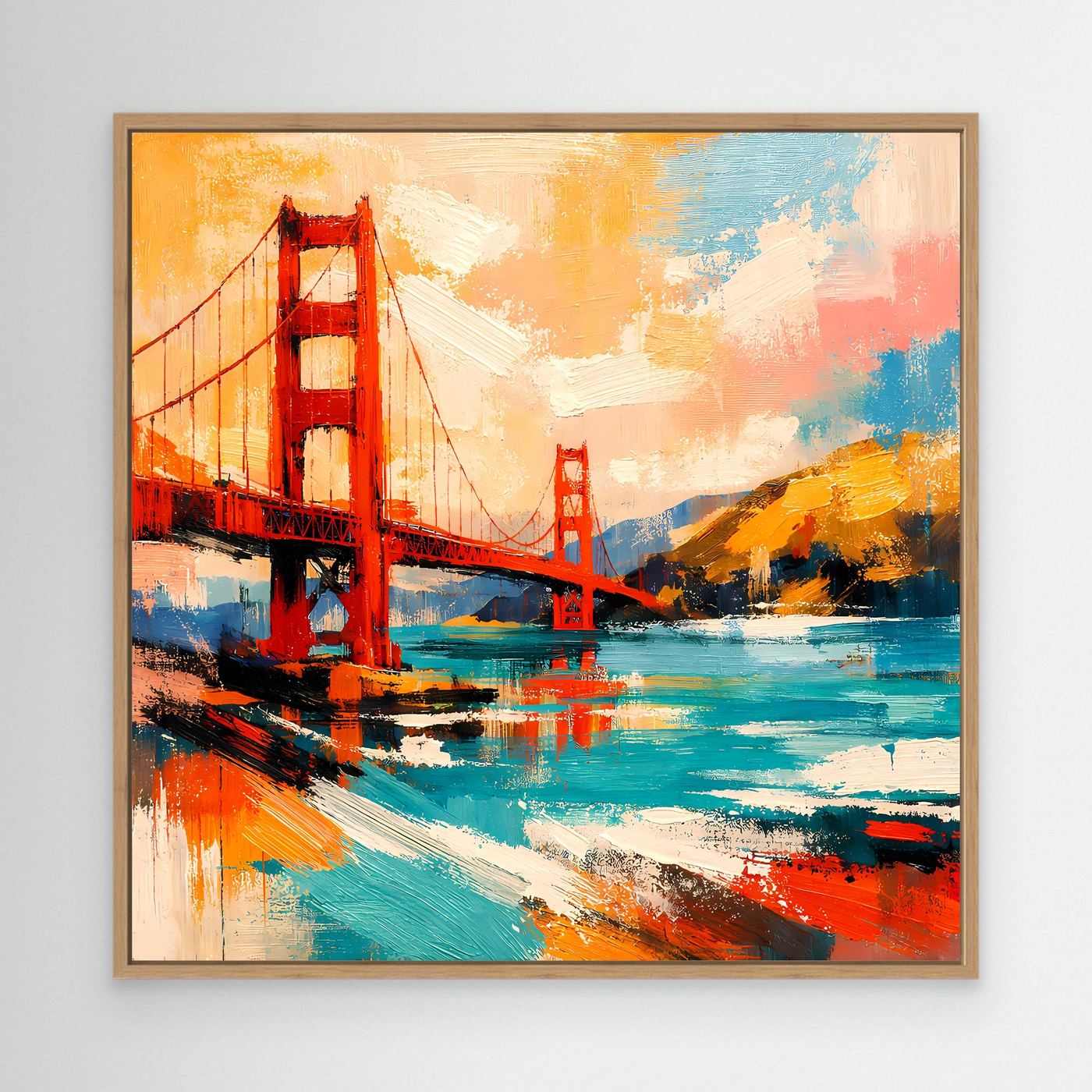 Abstract canvas wall art of bridge-style structure, orange red and blue, in light oak frame