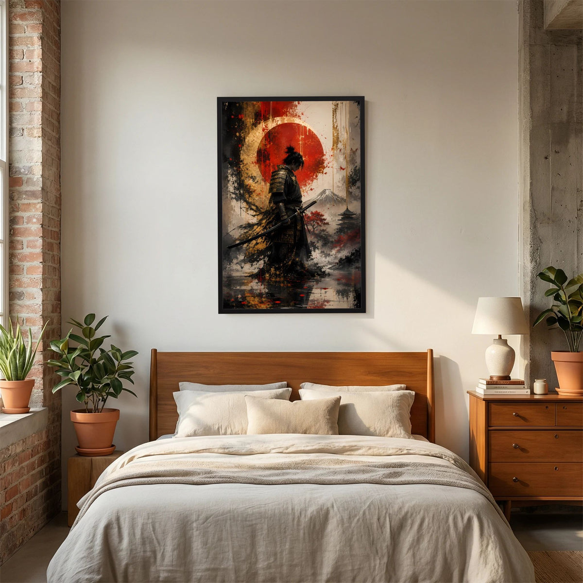 Gerahmtes Samurai-Kunstposter im Hochformat: Krieger mit Katana vor rotem Kreis.