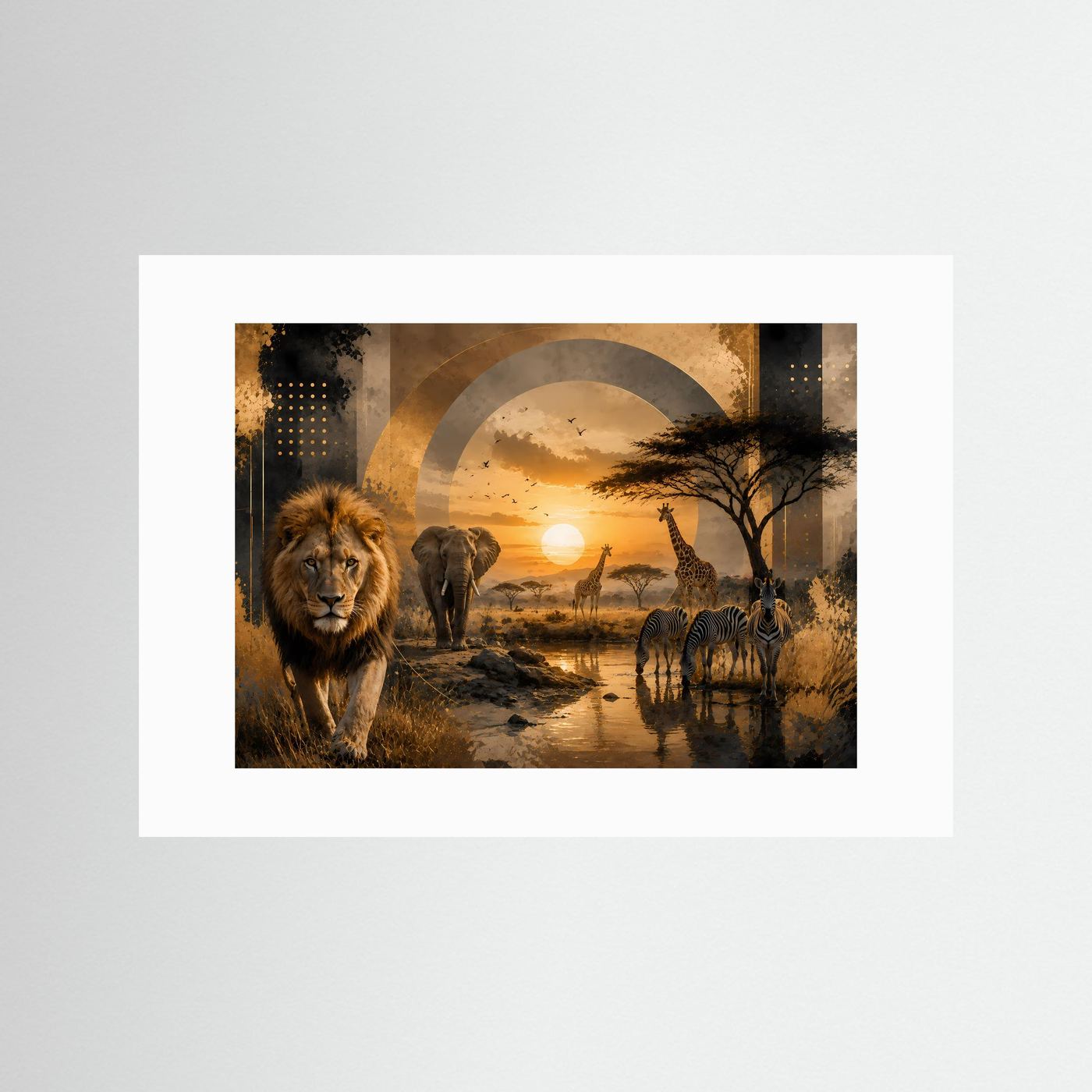 Querformatposter mit Löwe, Elefant und Zebra, mit weißem Passepartout