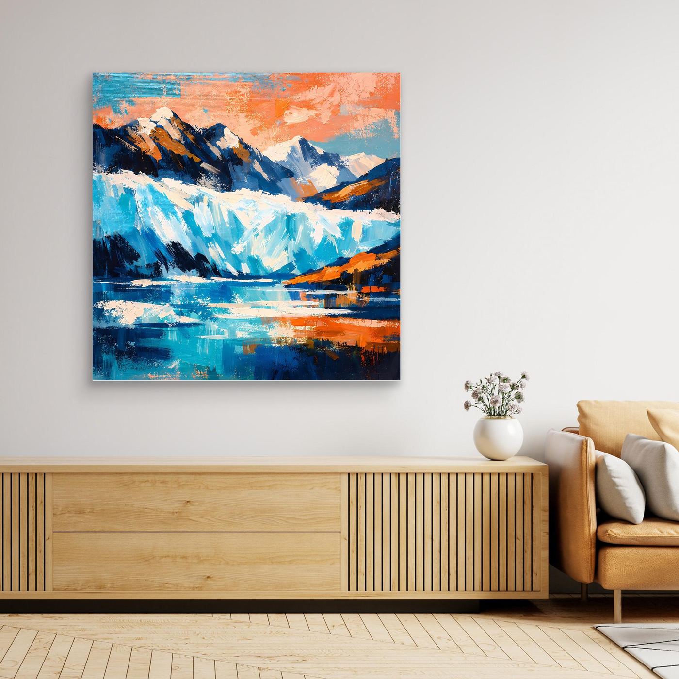 Leinwand-Wandbild mit Holzrahmen: abstrakter Gletscher, Berge und türkisblauer See, Orange.